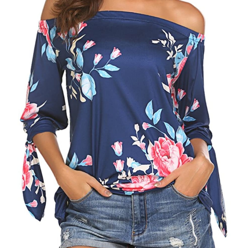 Women's off shoulder blouse 3/4 sleeve floral top